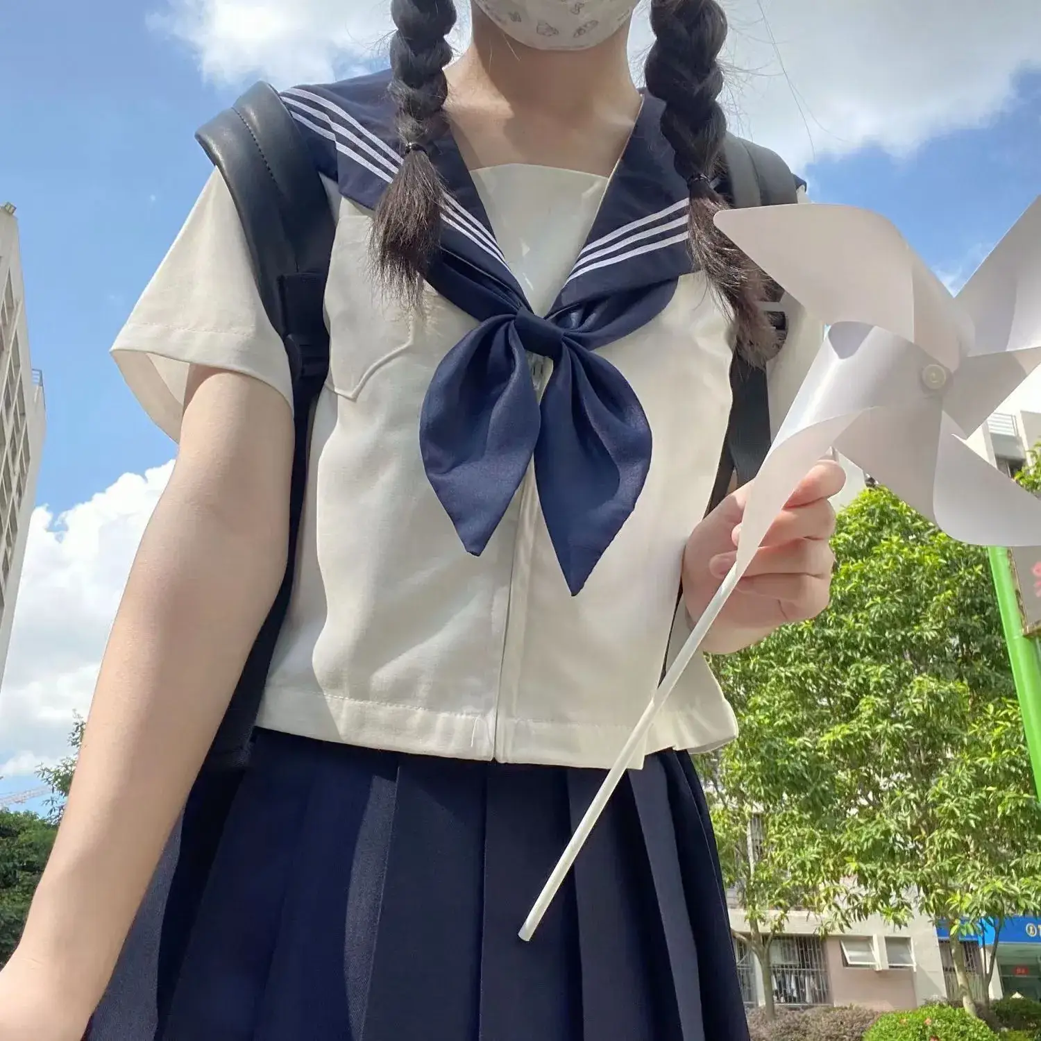 Japanese College Sailor Suit Navy Blue Skirt White Top — feature 4
