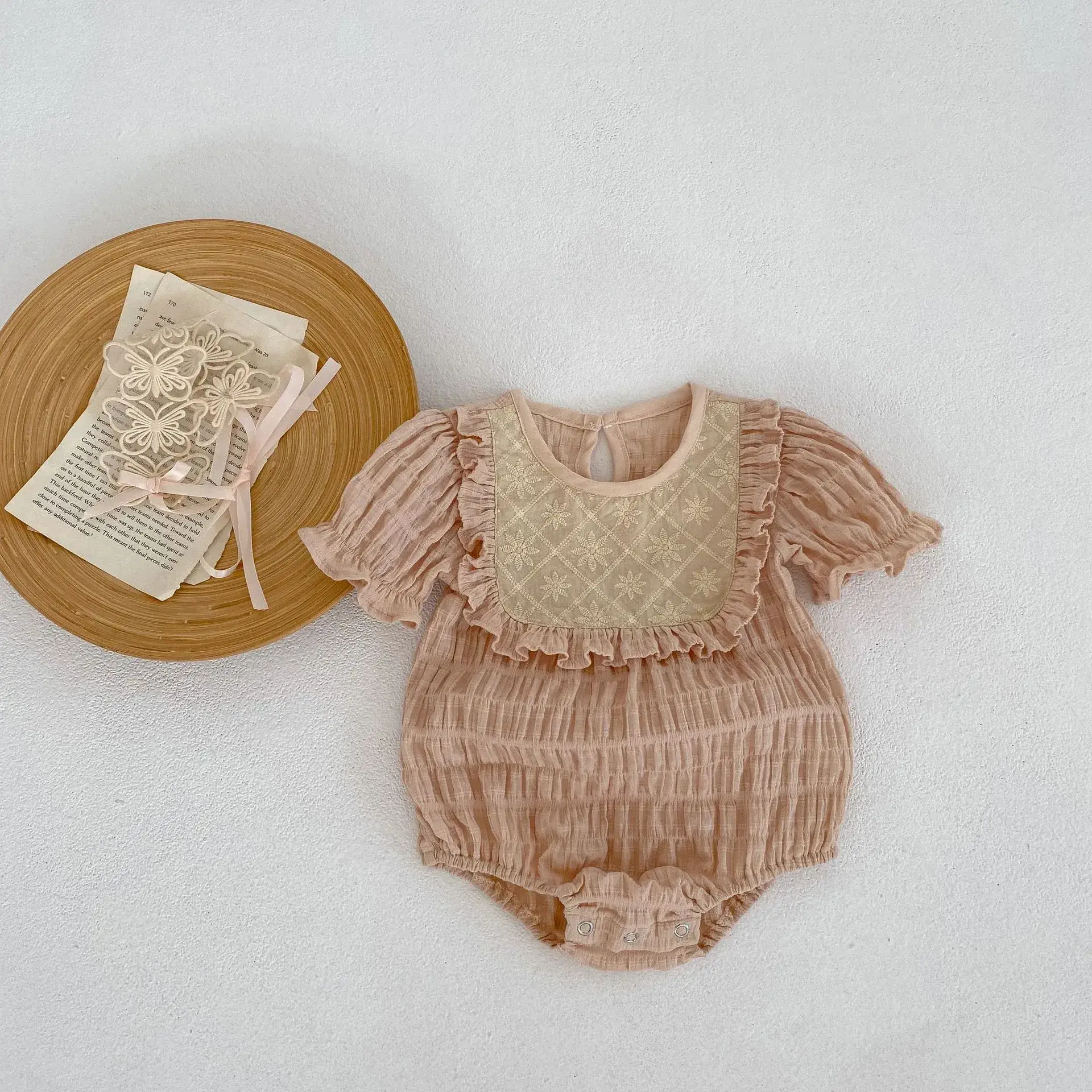 Baby Jacquard Suit Beige White Ear-Triangle Shorts - Image 3