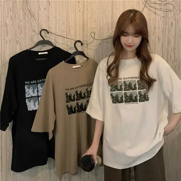 Women Printed Korean Style T-Shirt Brown Loose Fit - Image 4