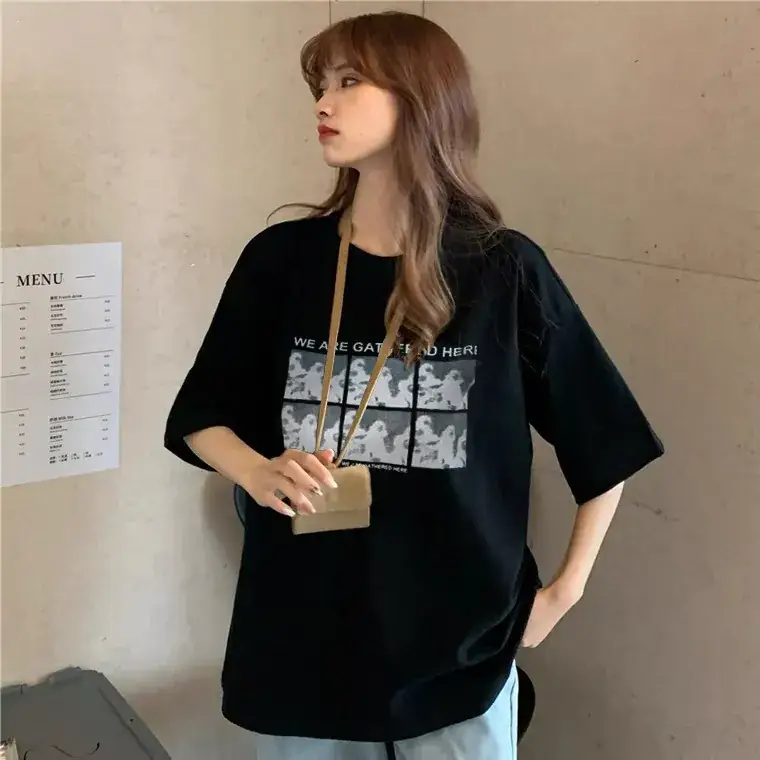 Women Printed Korean Style T-Shirt Brown Loose Fit - Image 6