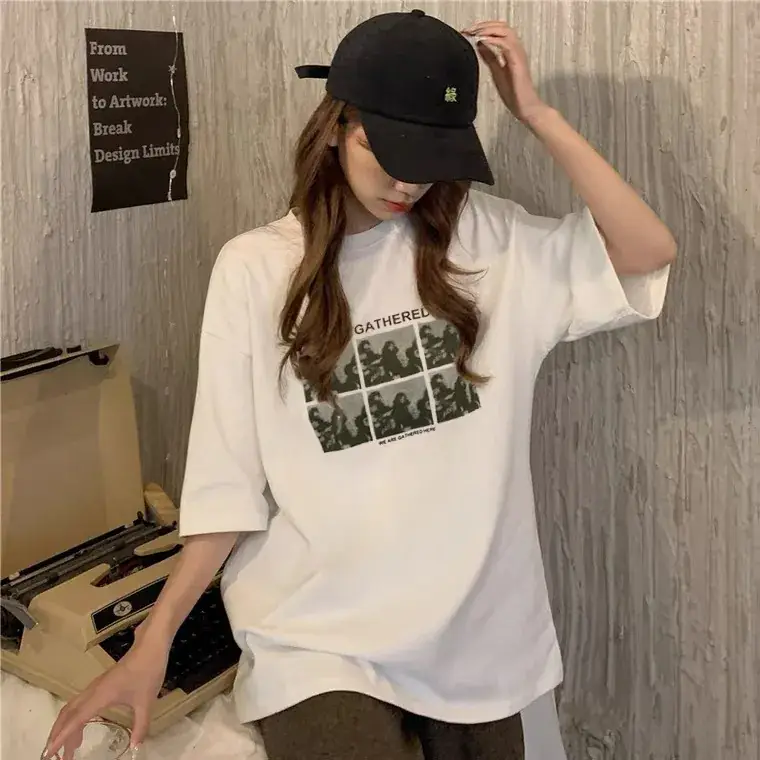 Women Printed Korean Style T-Shirt Brown Loose Fit - Image 7