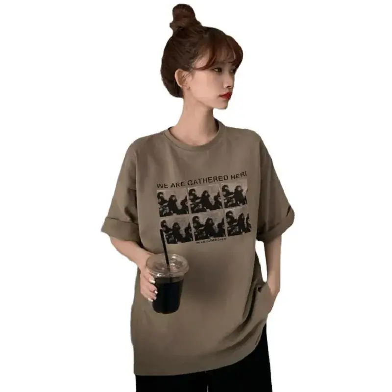 Women Printed Korean Style T-Shirt Brown Loose Fit - Image 8