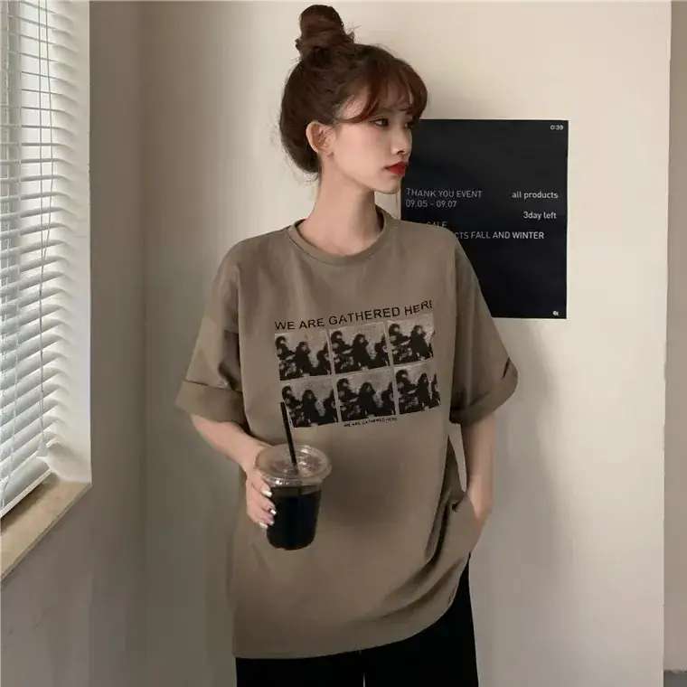 Women Printed Korean Style T-Shirt Brown Loose Fit — feature 6