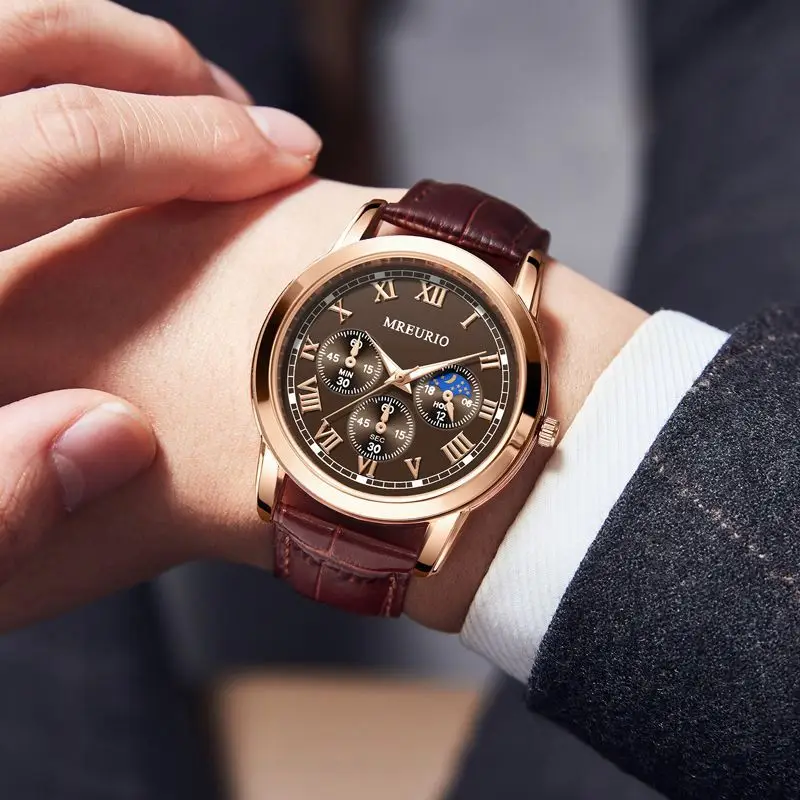 Men's 3-Diode Quartz Watch Rose Gold Brown Leather Band