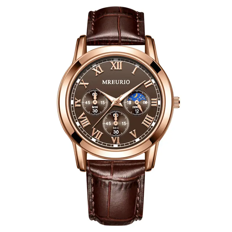 Men's 3-Diode Quartz Watch Rose Gold Brown Leather Band