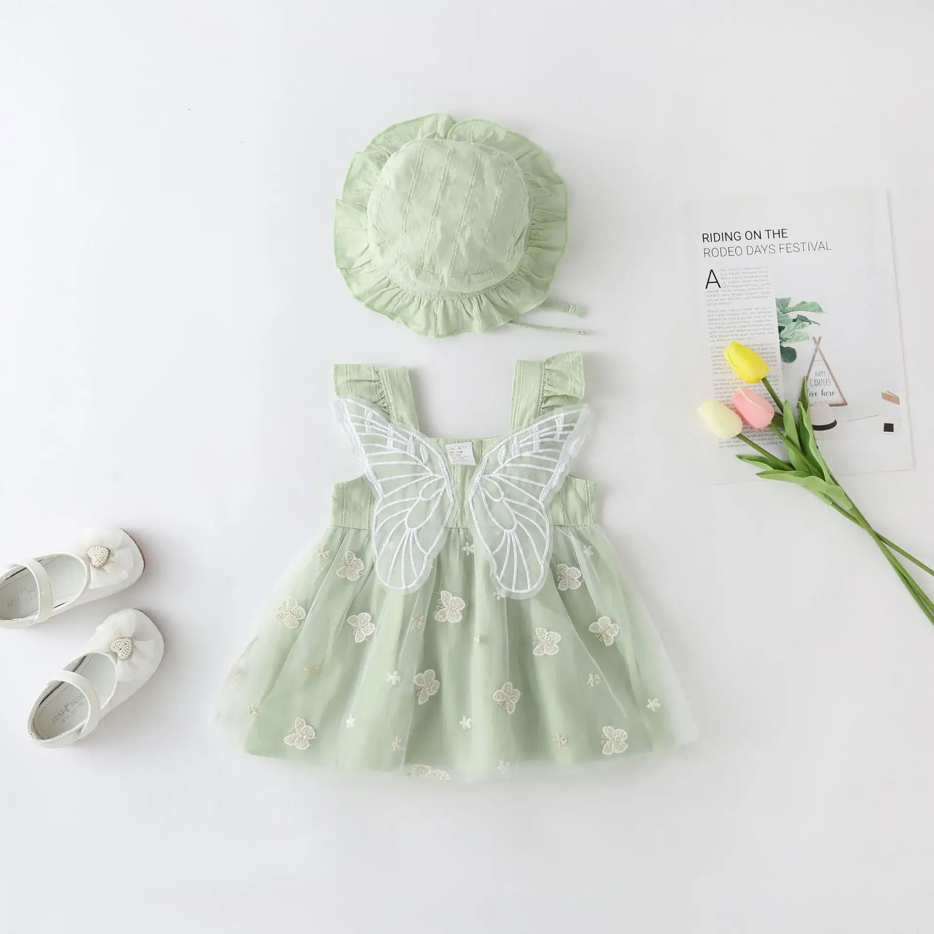 Pink Chrysanthemum Baby Dress with Bow & Shoes - Image 5