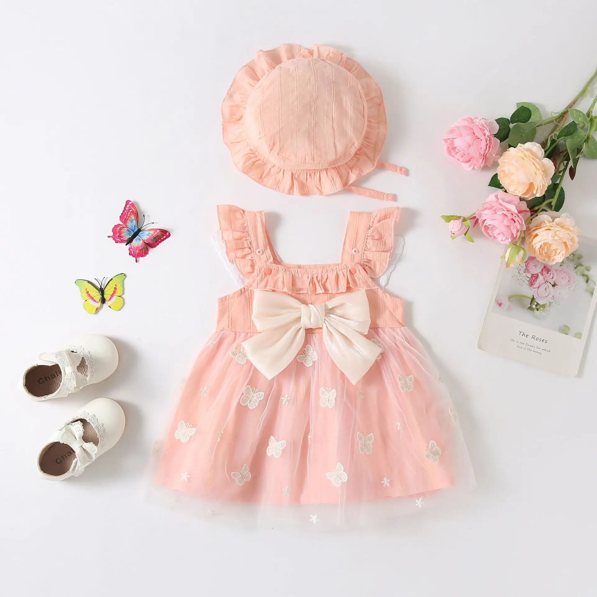 Pink Chrysanthemum Baby Dress with Bow & Shoes — feature 1
