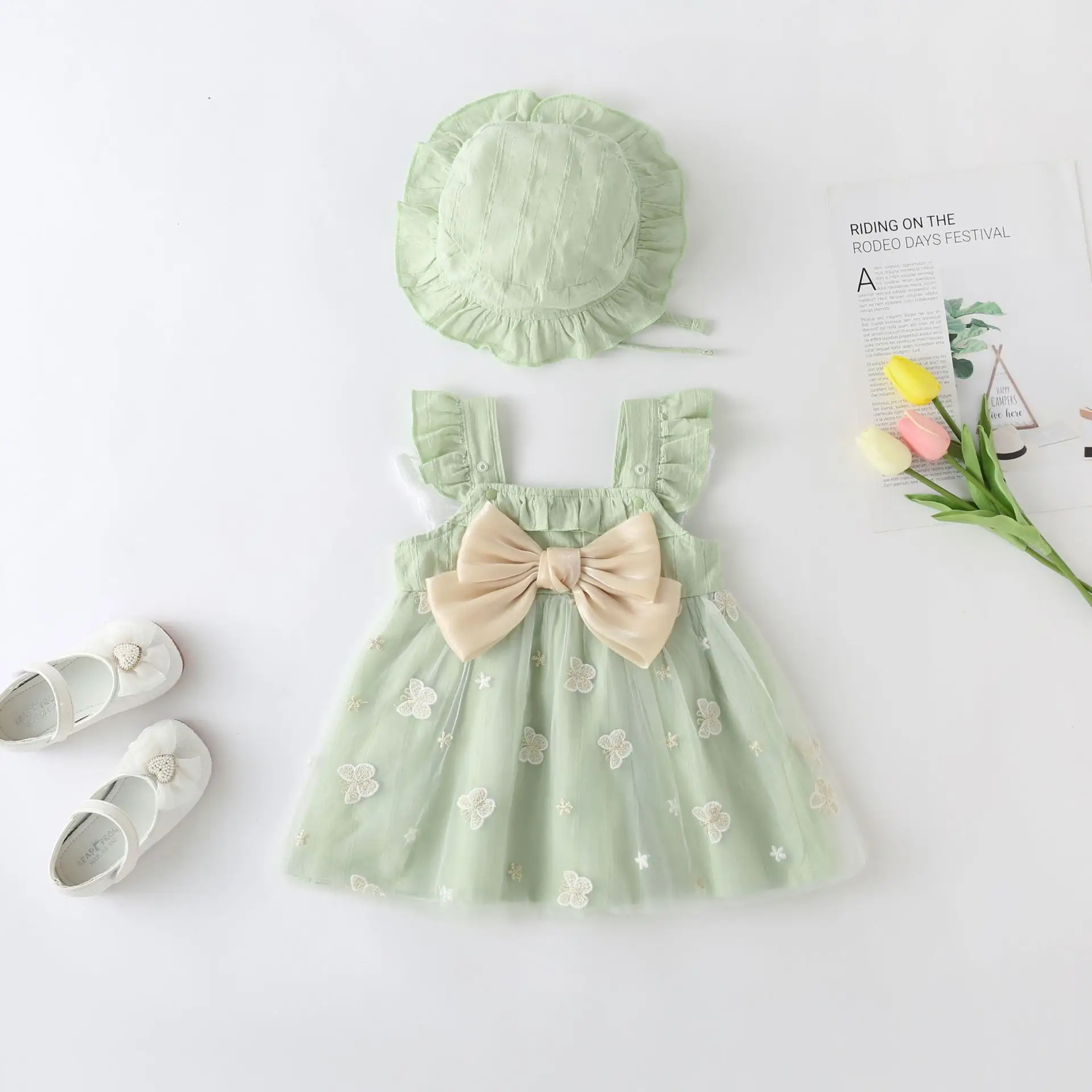 Pink Chrysanthemum Baby Dress with Bow & Shoes — feature 2