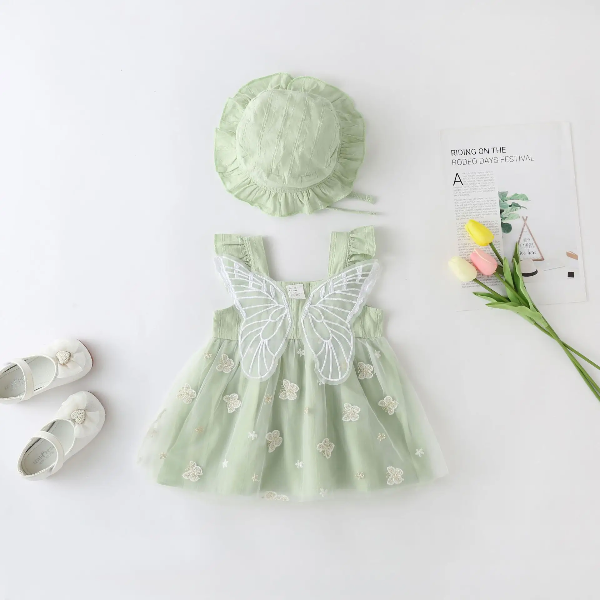 Pink Chrysanthemum Baby Dress with Bow & Shoes — feature 9