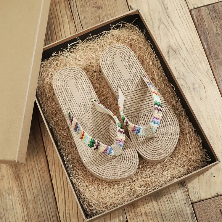 Women Straw Sandals with Colorful Embroidery - Image 1
