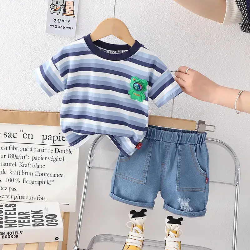Summer Striped T-Shirt Shorts Set for Boys Blue Cotton - Image 2