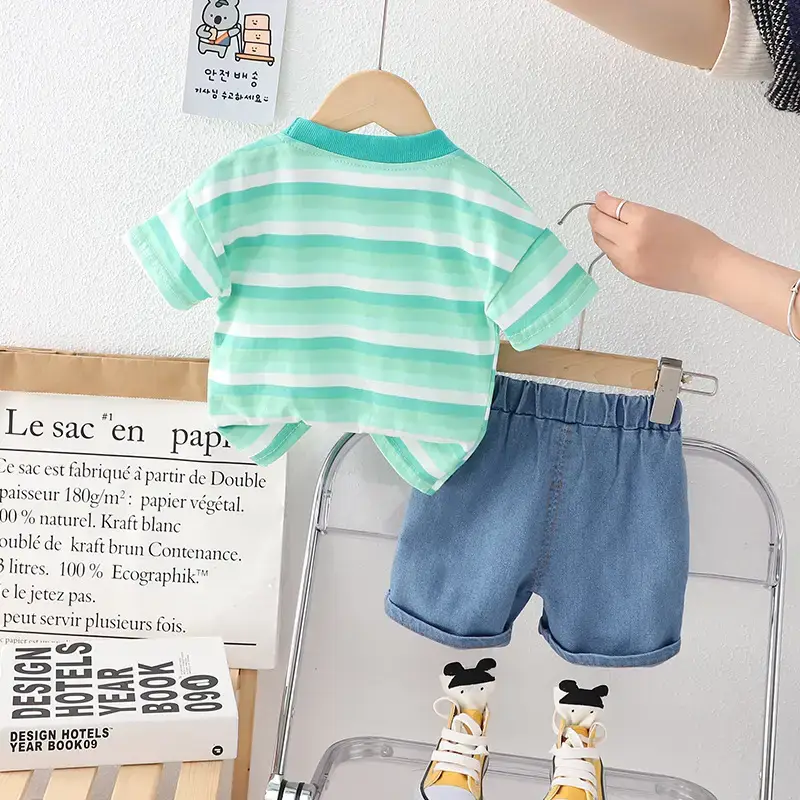 Summer Striped T-Shirt Shorts Set for Boys Blue Cotton - Image 4