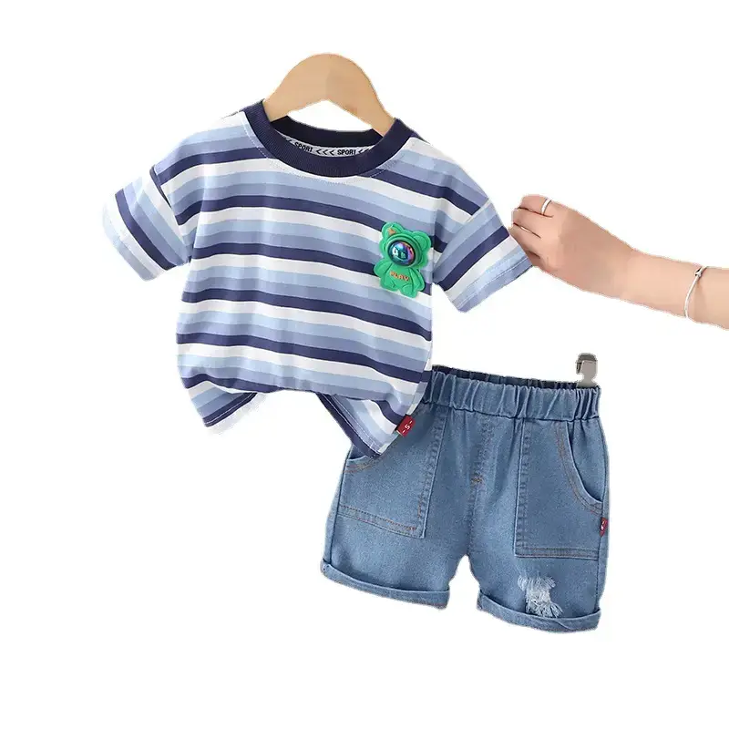 Summer Striped T-Shirt Shorts Set for Boys Blue Cotton - Image 5