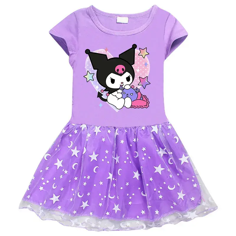 Korean Style Girl's Purple Star Mesh Dress - Image 2