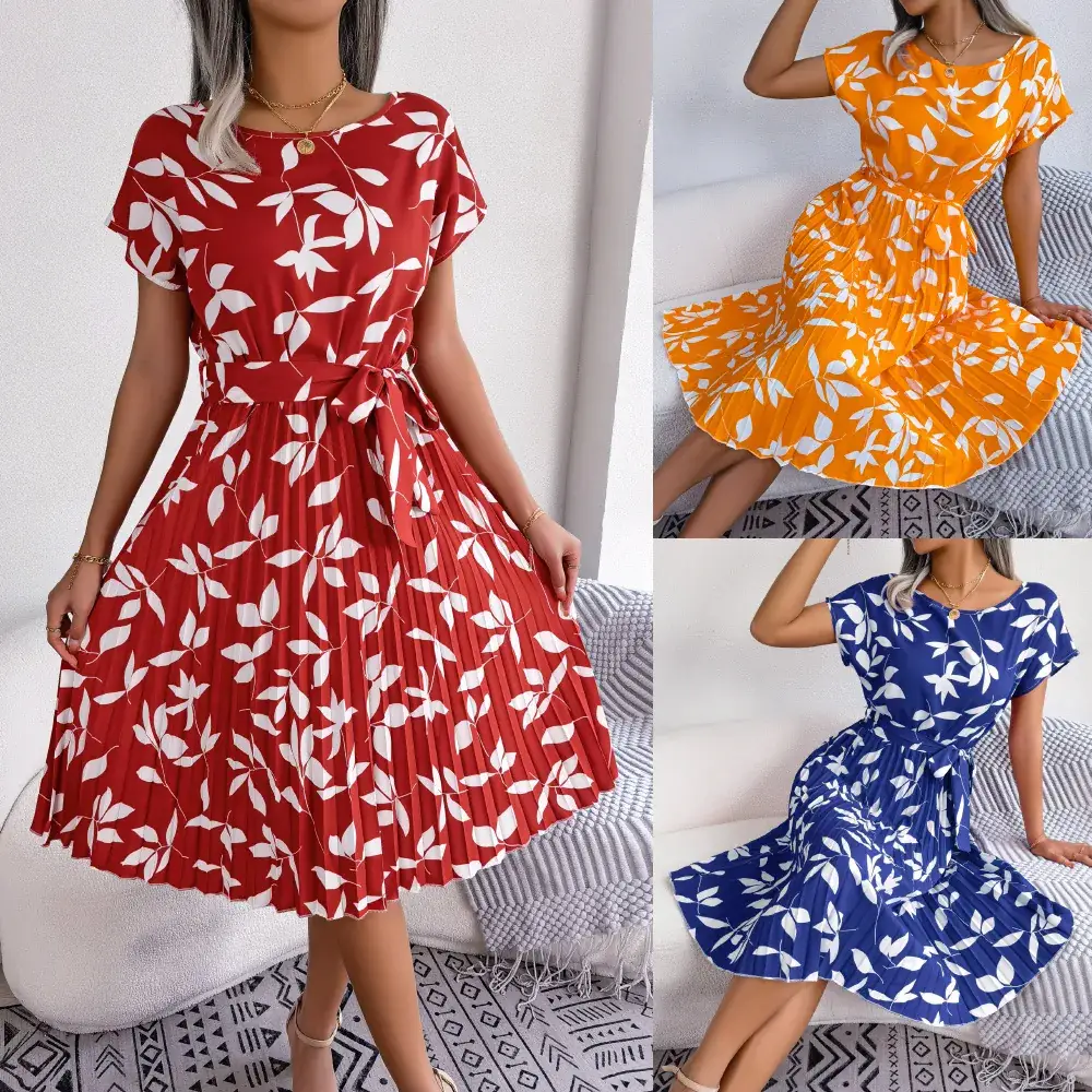 Blue Leaf Print Short Sleeve Pleated Dress for Women - Image 4
