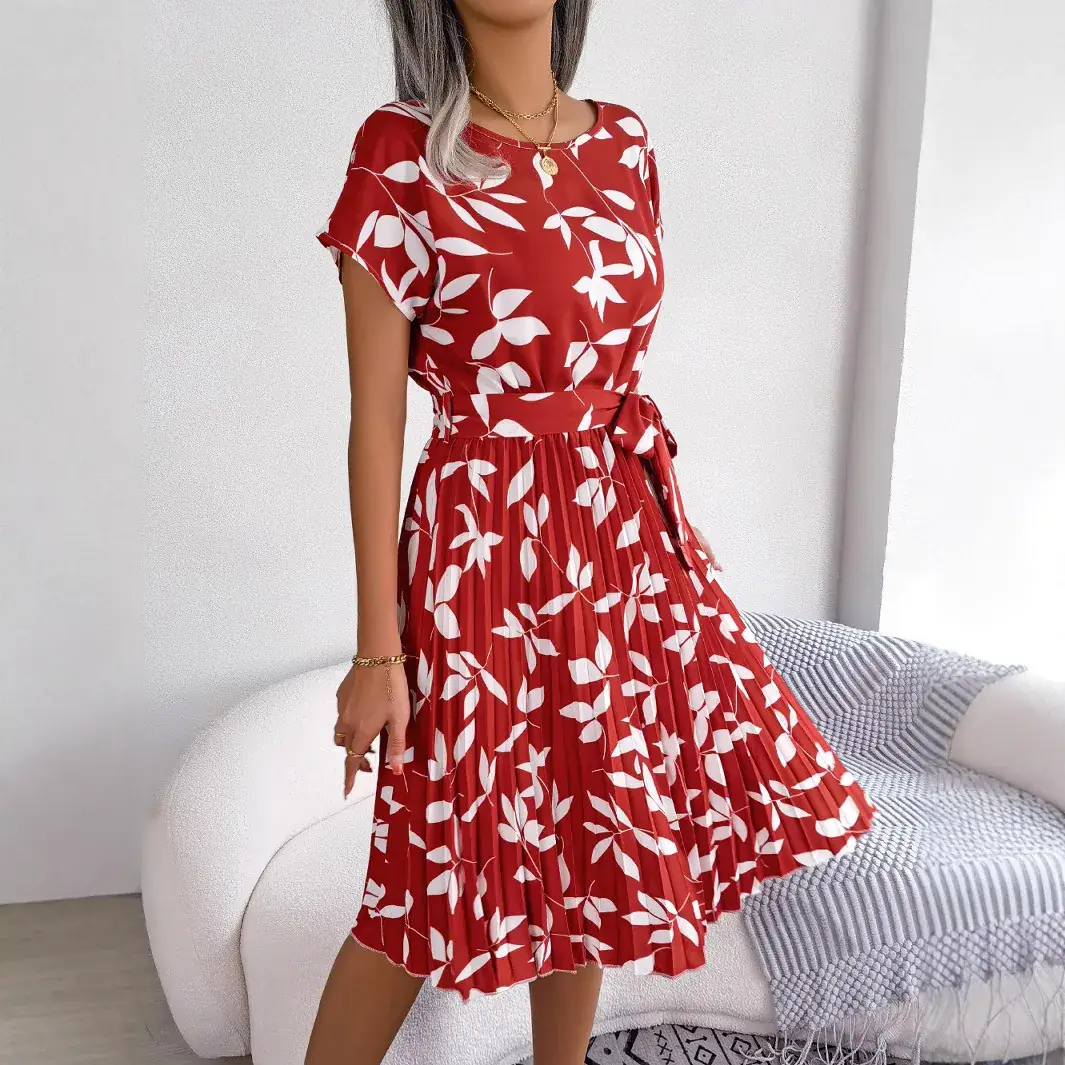 Blue Leaf Print Short Sleeve Pleated Dress for Women - Image 5