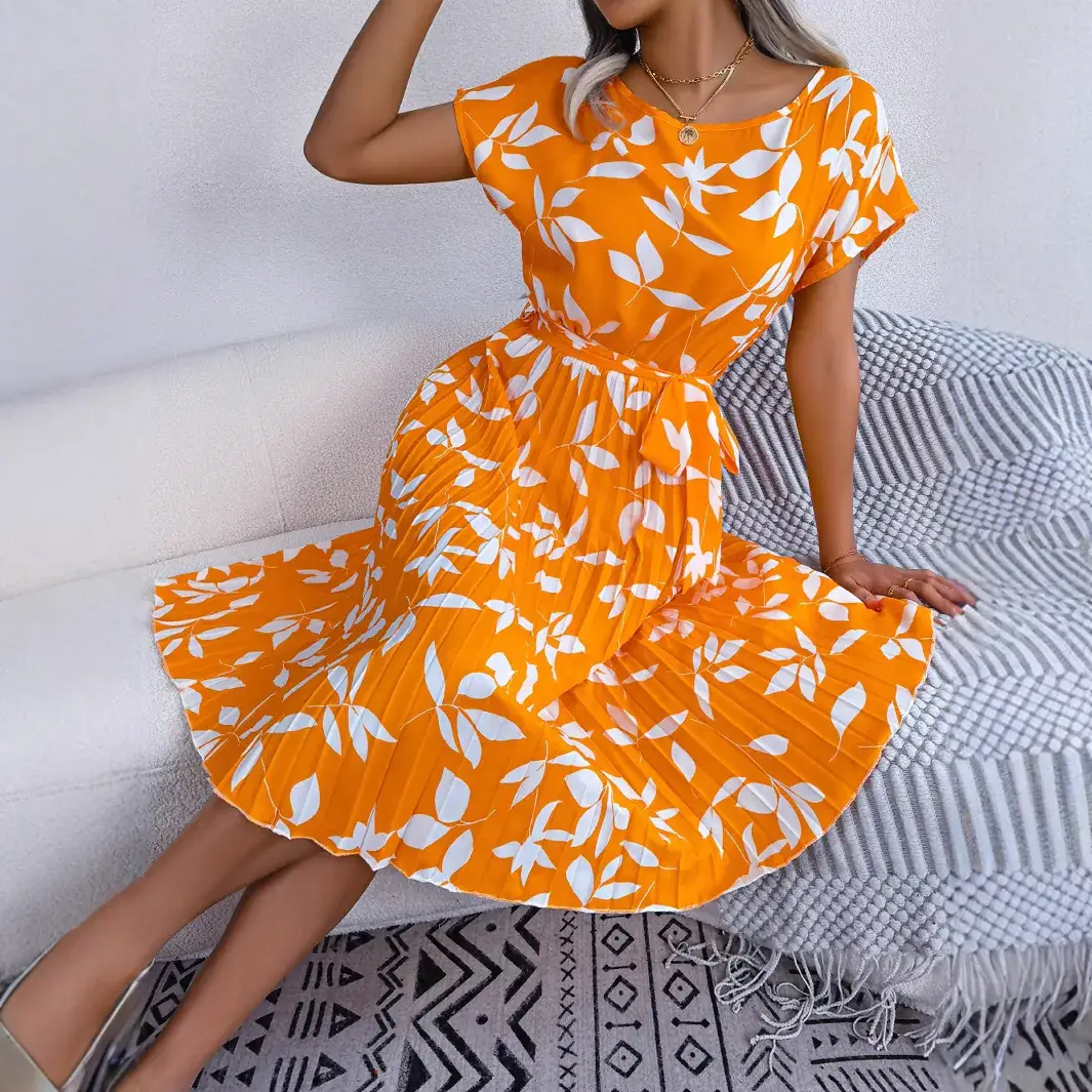 Blue Leaf Print Short Sleeve Pleated Dress for Women - Image 6