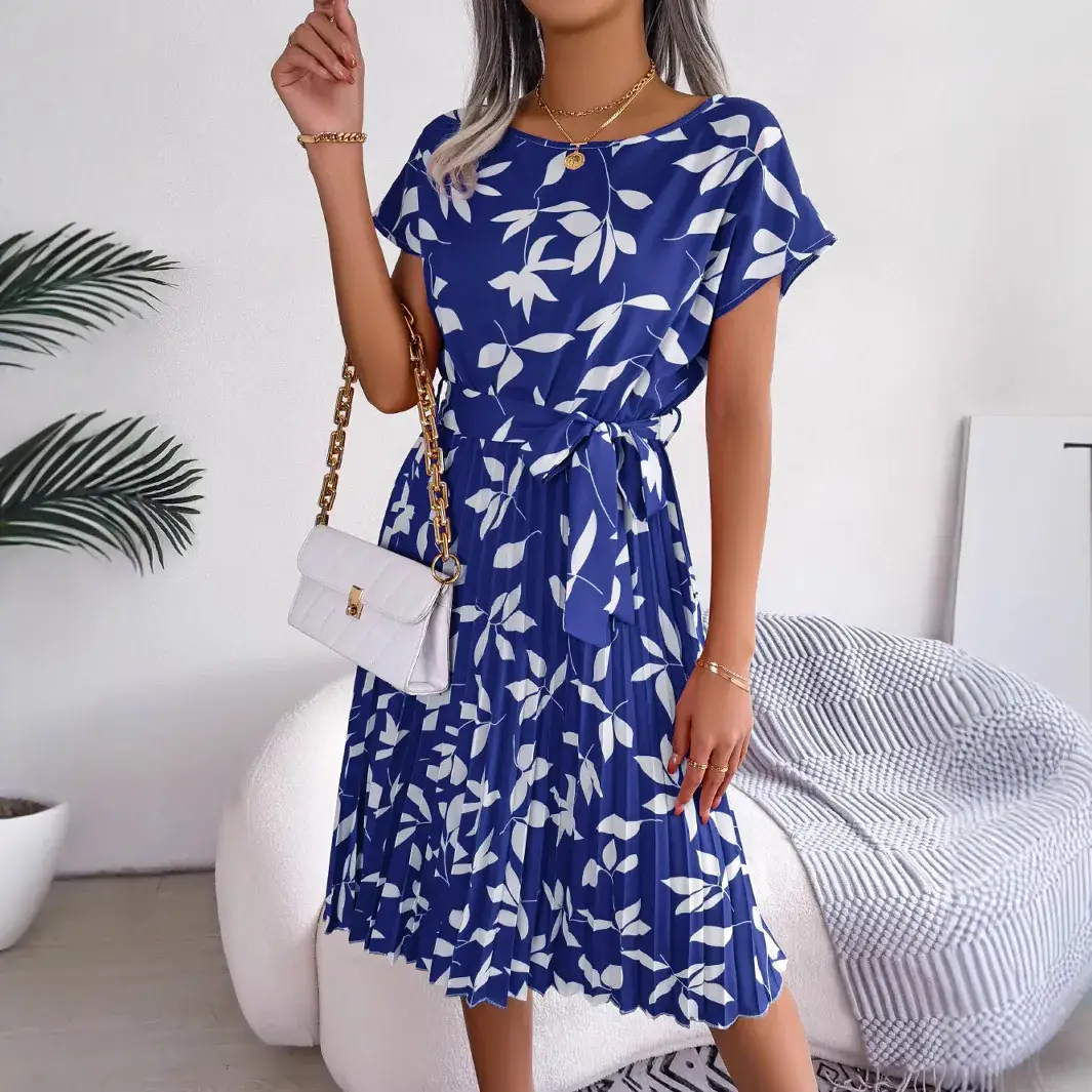 Blue Leaf Print Short Sleeve Pleated Dress for Women - Image 7