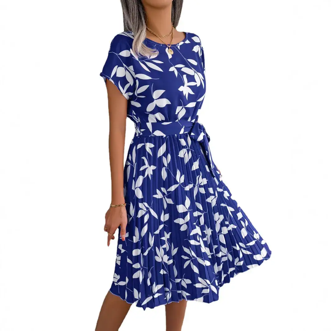 Blue Leaf Print Short Sleeve Pleated Dress for Women - Image 8