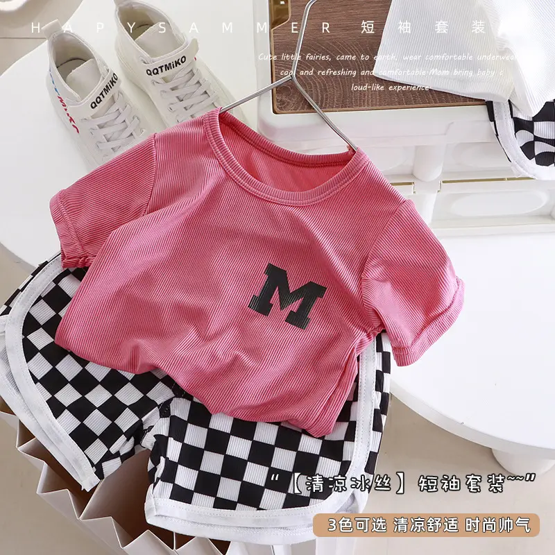 White M Print Kids T-Shirt & Checkered Shorts Set - Image 3