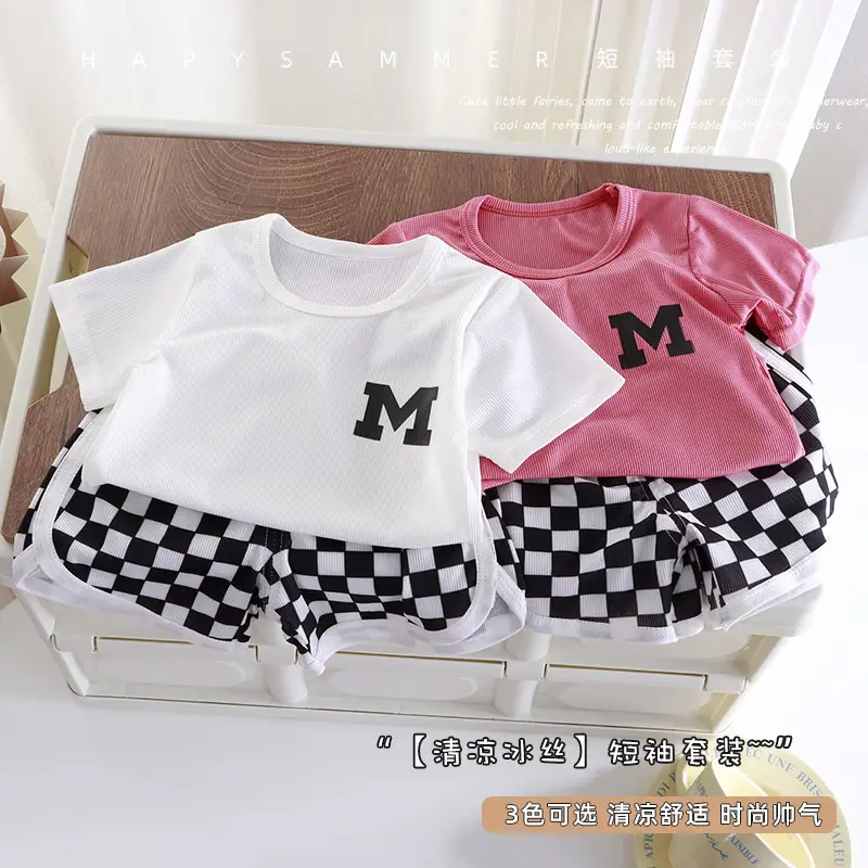 White M Print Kids T-Shirt & Checkered Shorts Set - Image 4