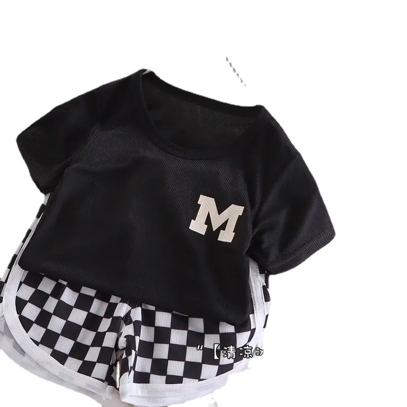 White M Print Kids T-Shirt & Checkered Shorts Set - Image 5