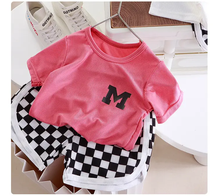 White M Print Kids T-Shirt & Checkered Shorts Set — feature 12