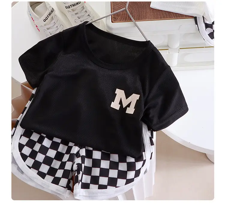 White M Print Kids T-Shirt & Checkered Shorts Set — feature 13