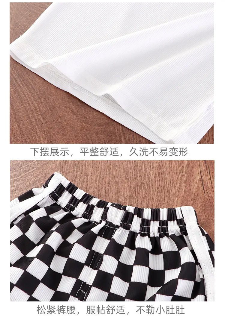 White M Print Kids T-Shirt & Checkered Shorts Set — feature 16