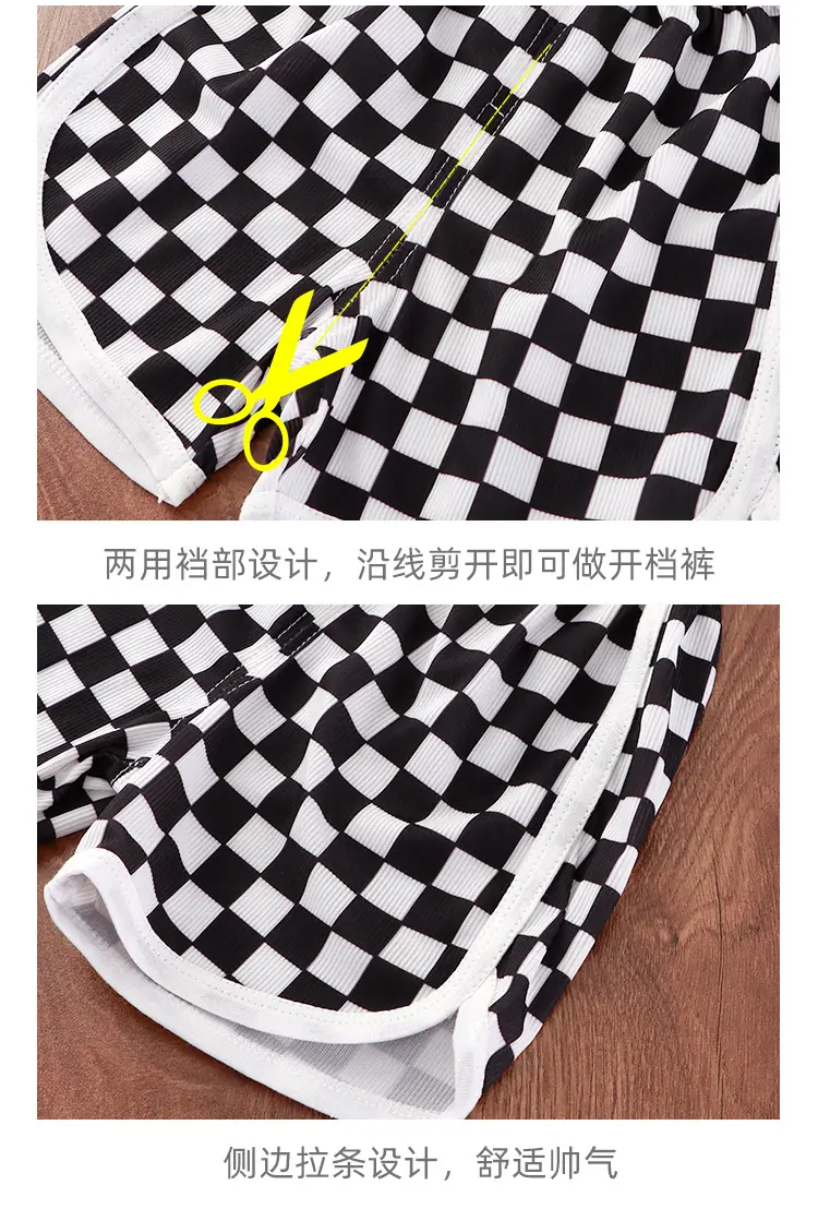 White M Print Kids T-Shirt & Checkered Shorts Set — feature 17