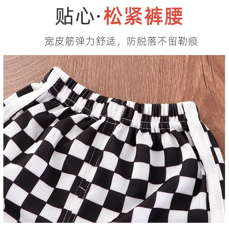 White M Print Kids T-Shirt & Checkered Shorts Set — feature 6