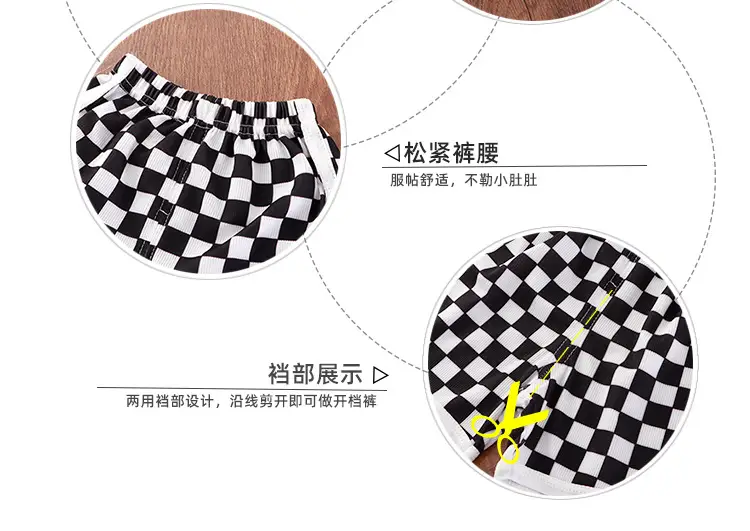 White M Print Kids T-Shirt & Checkered Shorts Set — feature 8