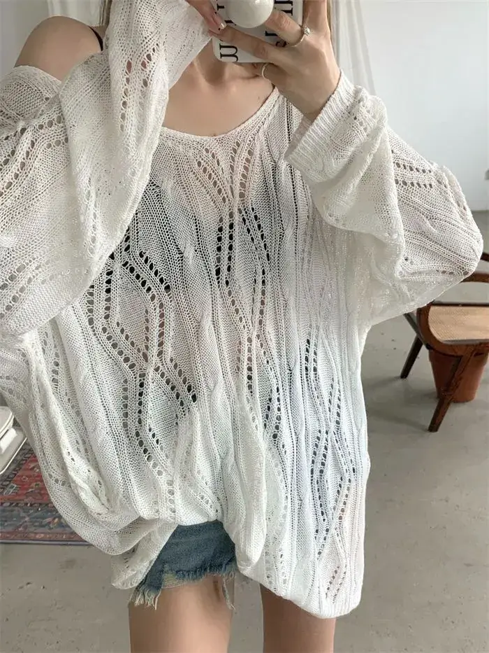White Knit Hollow V-Neck Sun Protection Blouse for Women - Image 5