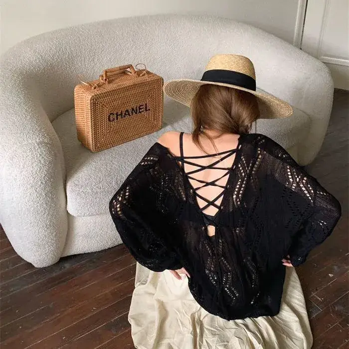 White Knit Hollow V-Neck Sun Protection Blouse for Women - Image 6