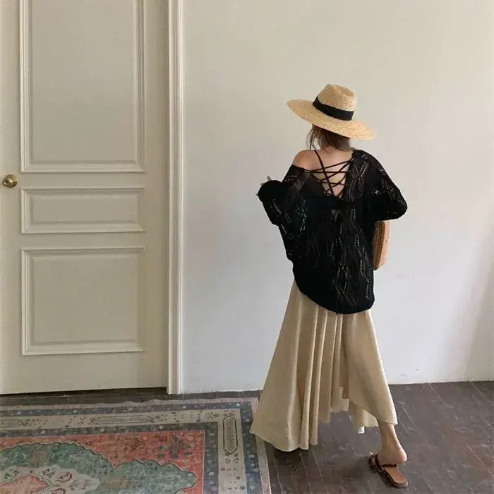 White Knit Hollow V-Neck Sun Protection Blouse for Women - Image 7