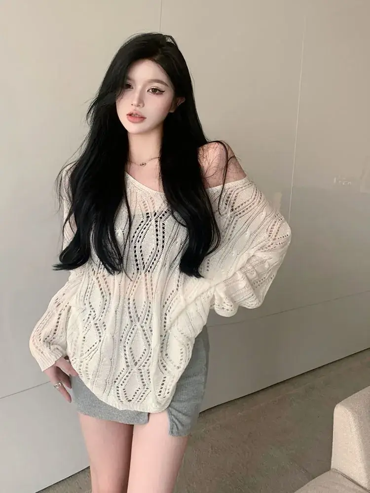 White Knit Hollow V-Neck Sun Protection Blouse for Women — feature 1