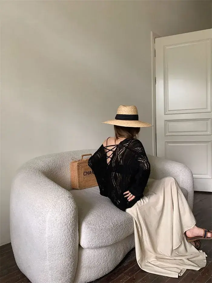 White Knit Hollow V-Neck Sun Protection Blouse for Women — feature 11