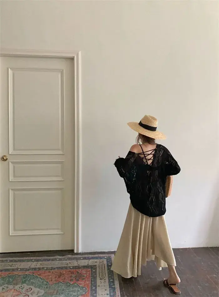 White Knit Hollow V-Neck Sun Protection Blouse for Women — feature 13