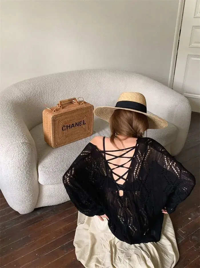White Knit Hollow V-Neck Sun Protection Blouse for Women — feature 14