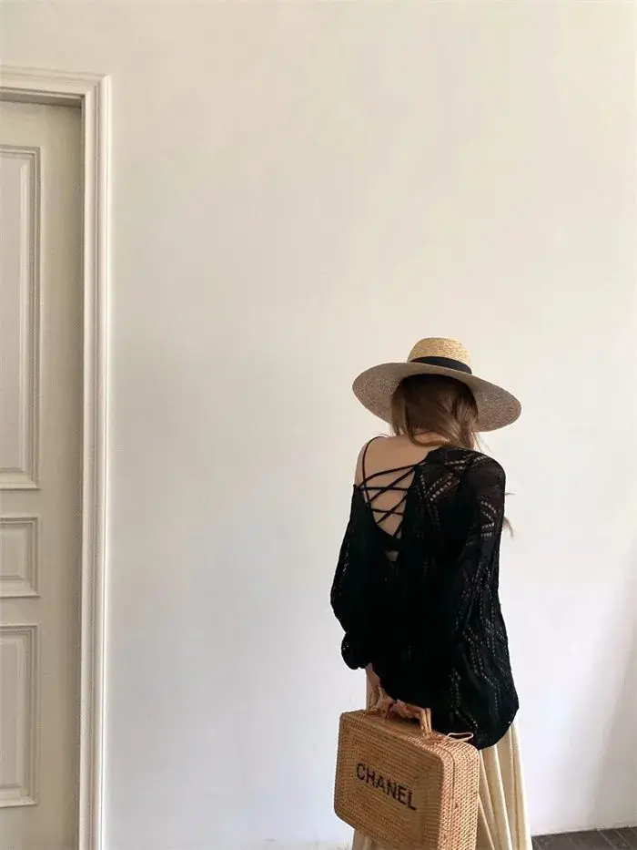 White Knit Hollow V-Neck Sun Protection Blouse for Women — feature 15