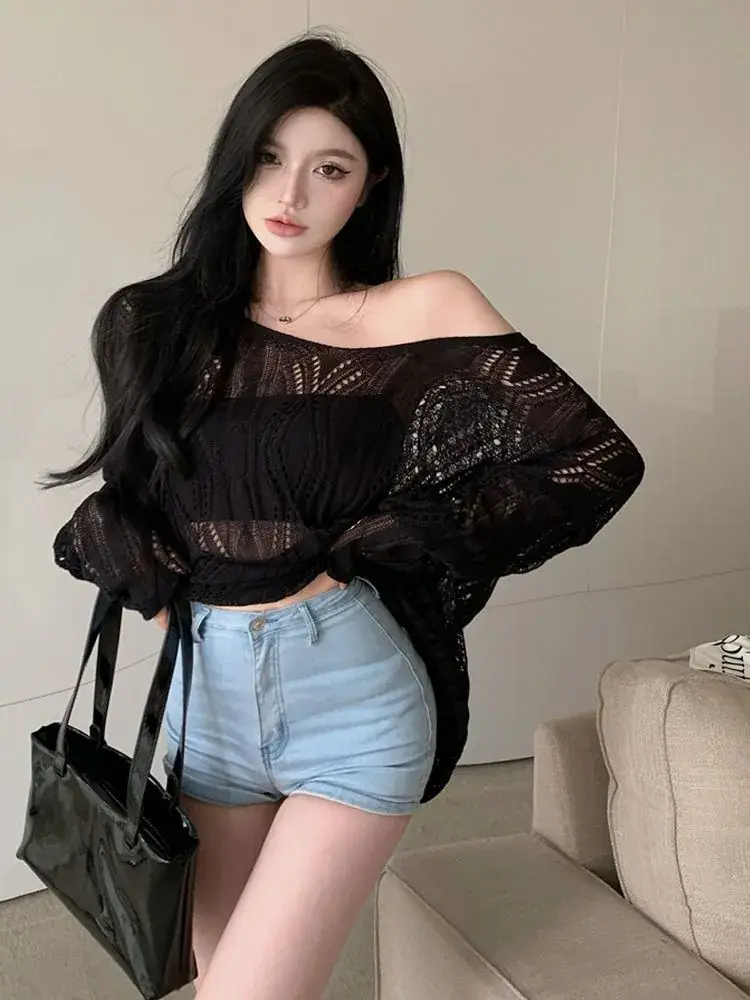 White Knit Hollow V-Neck Sun Protection Blouse for Women — feature 16