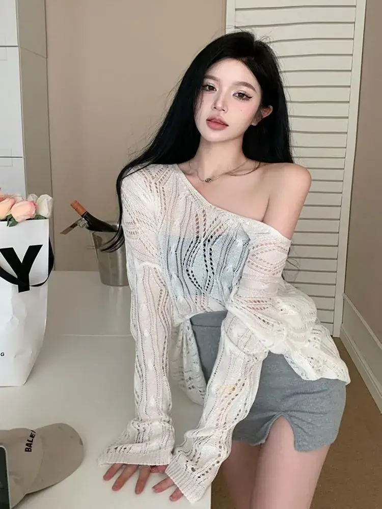 White Knit Hollow V-Neck Sun Protection Blouse for Women — feature 2