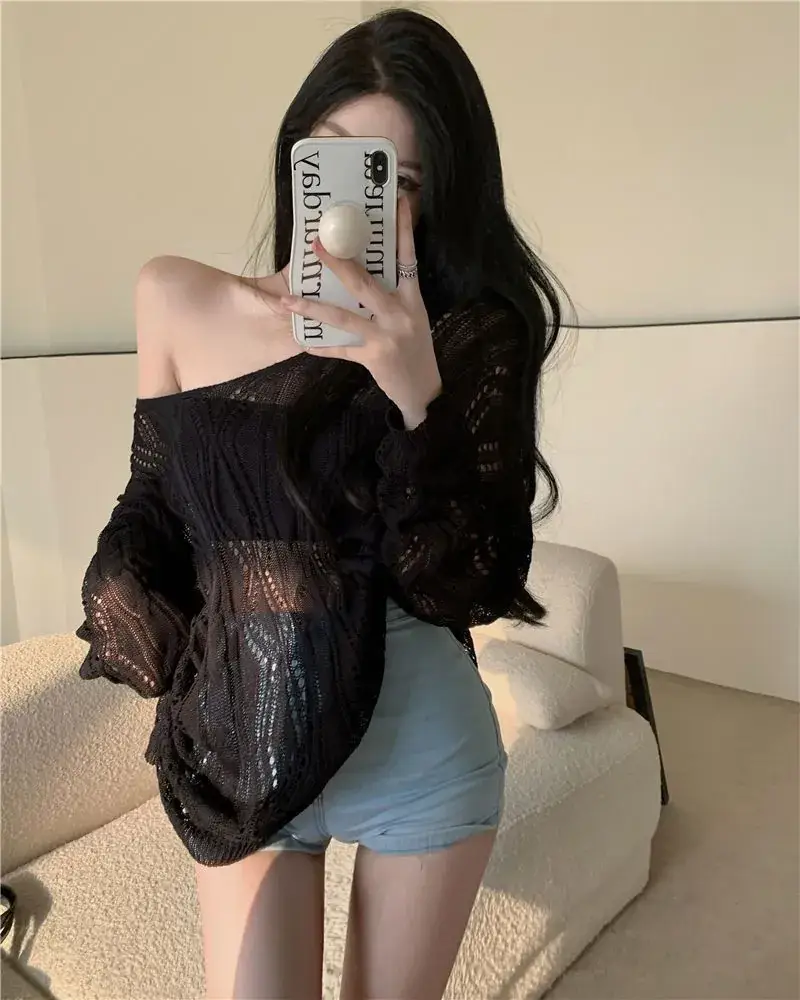 White Knit Hollow V-Neck Sun Protection Blouse for Women — feature 20