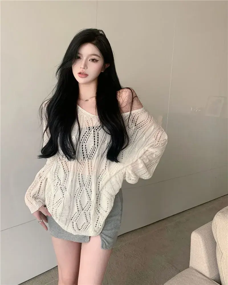 White Knit Hollow V-Neck Sun Protection Blouse for Women — feature 6