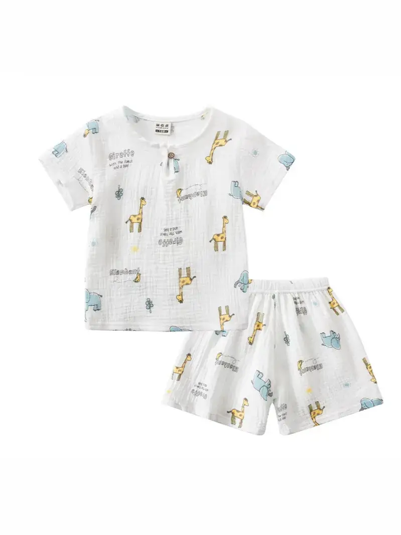 Children Printed Cotton Linen Shorts Suit Summer Baby