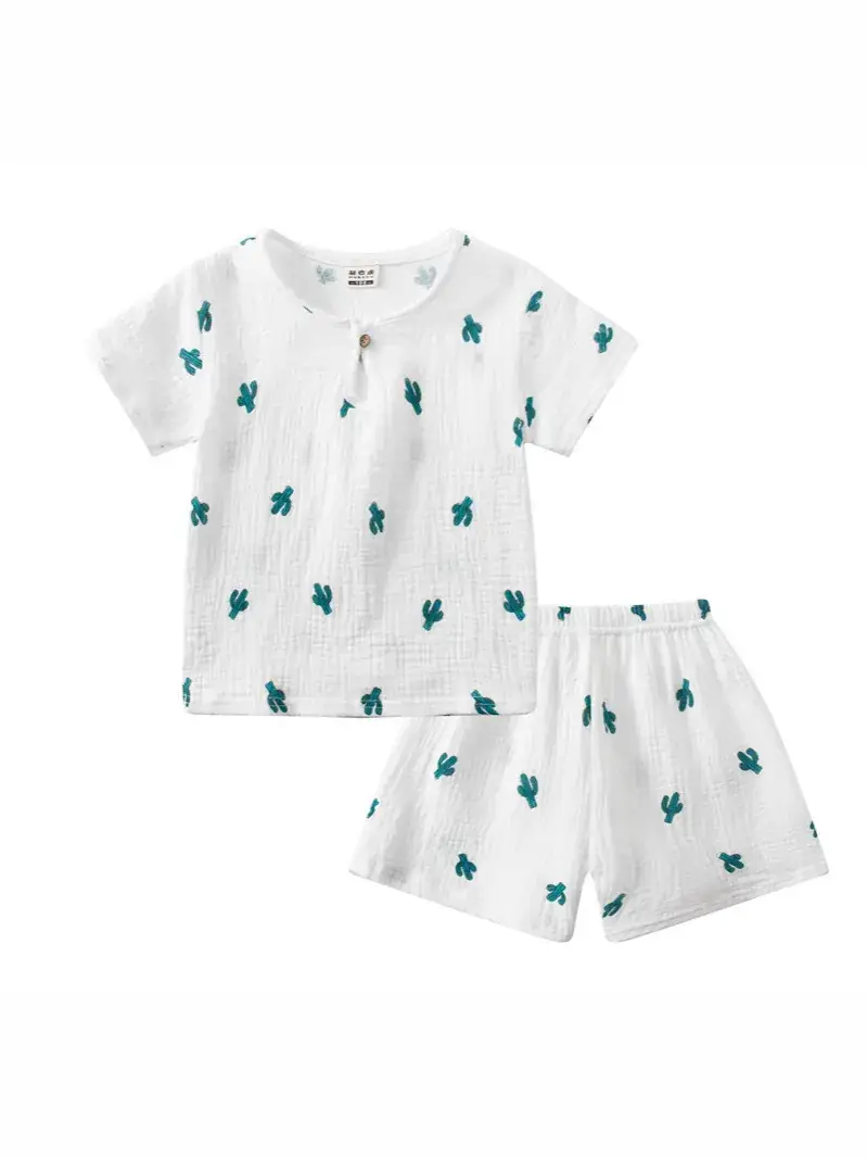 Children Printed Cotton Linen Shorts Suit Summer Baby