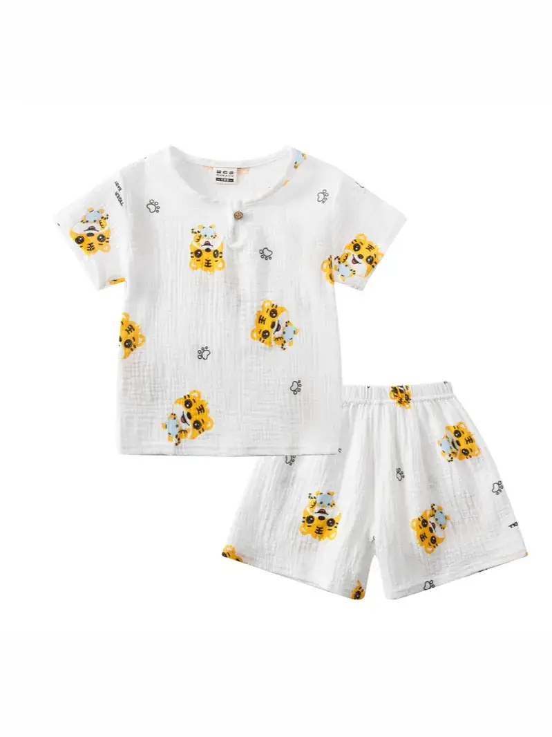Children Printed Cotton Linen Shorts Suit Summer Baby