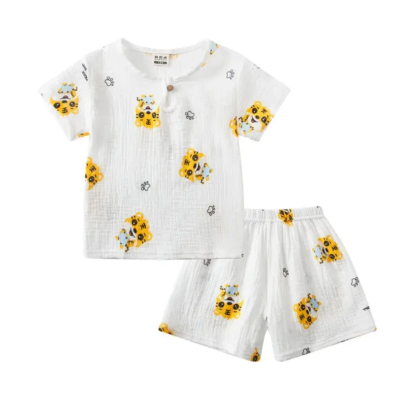 Children Printed Cotton Linen Shorts Suit Summer Baby
