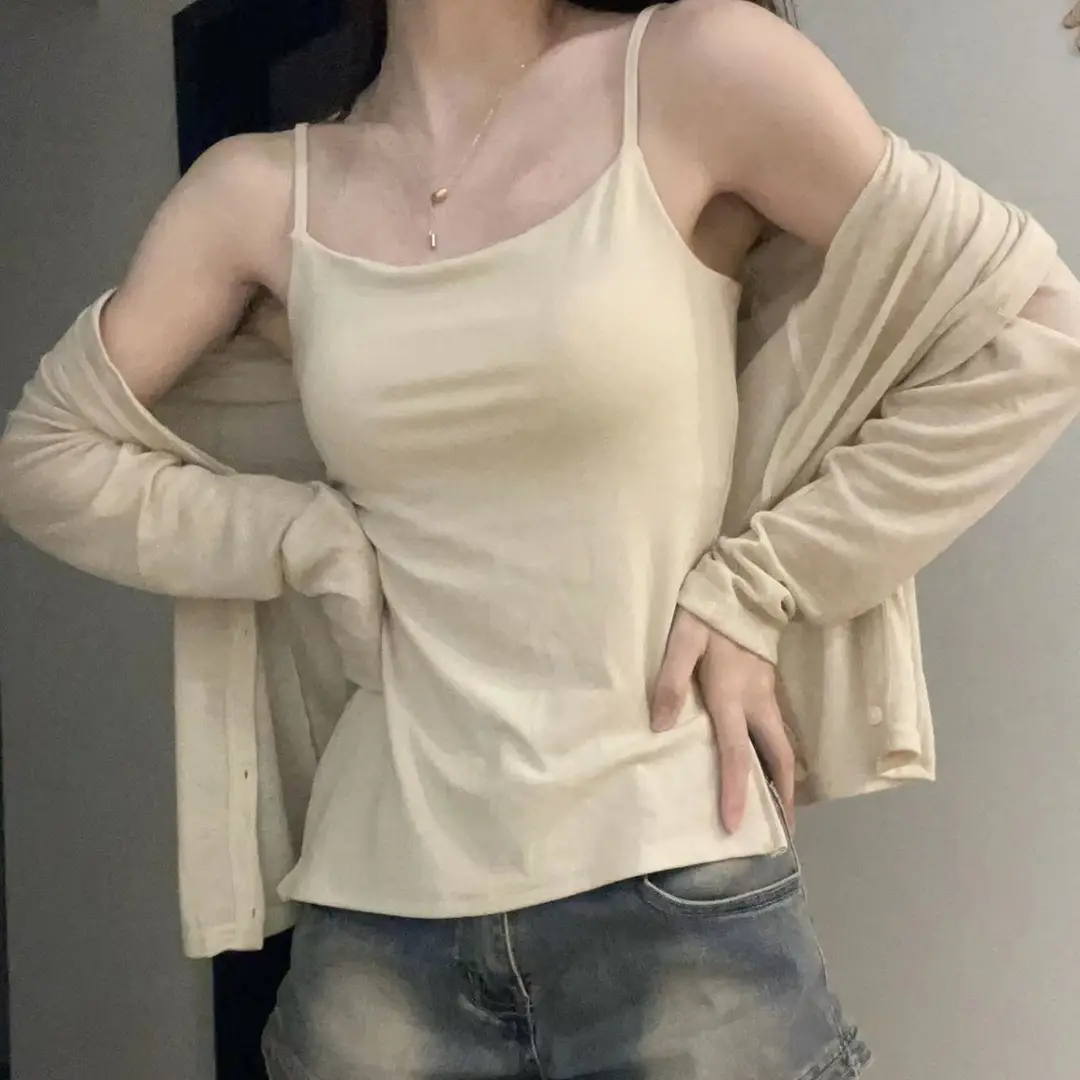 Japanese Retro Comes with Chest Pad Pure Cotton One-piece Irregular Slant Swing Sling Vest Comfortable Solid Color Interior