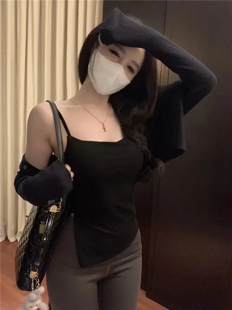 Japanese Retro Comes with Chest Pad Pure Cotton One-piece Irregular Slant Swing Sling Vest Comfortable Solid Color Interior